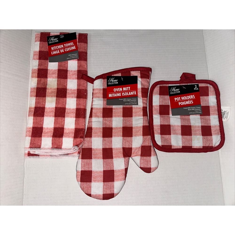 Home Collection Red White Buffalo Check Kitchen Set Oven Mitt Pot Holder Towel